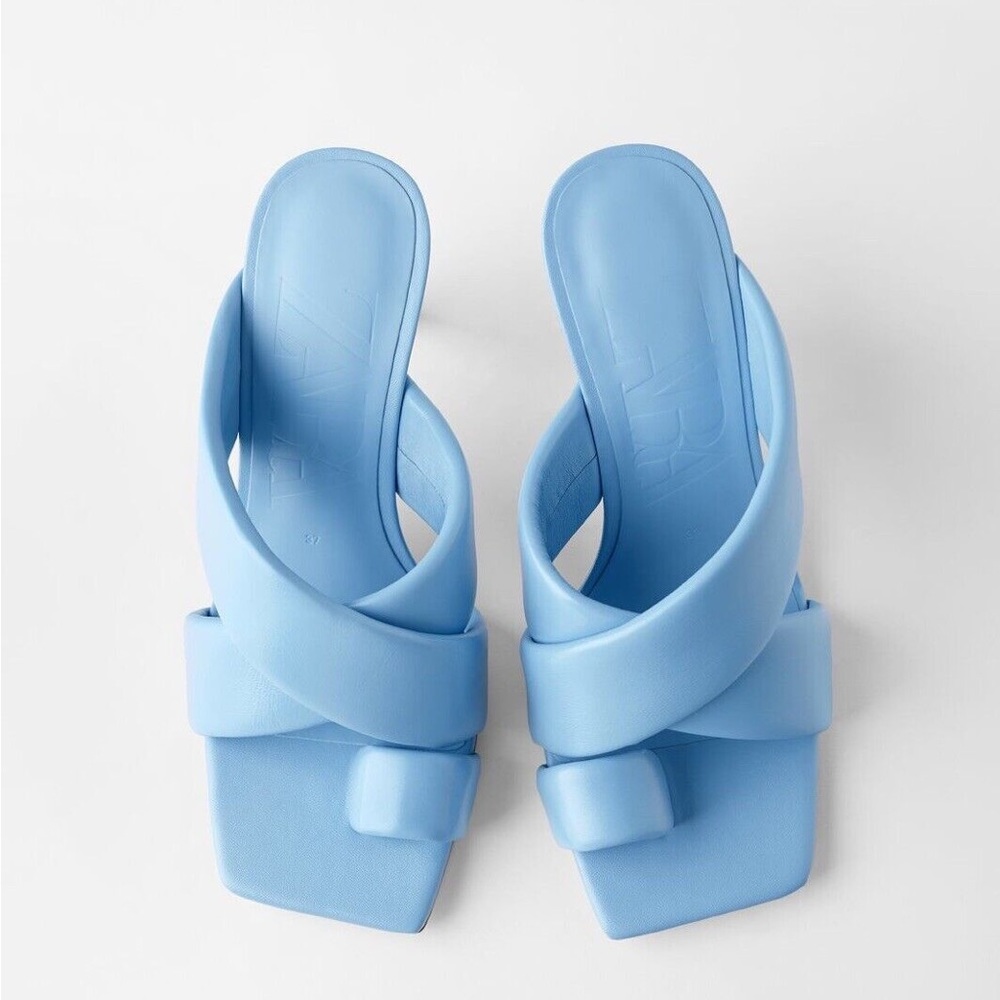 Zara Women Padded Leather High Heel Sandals Blue